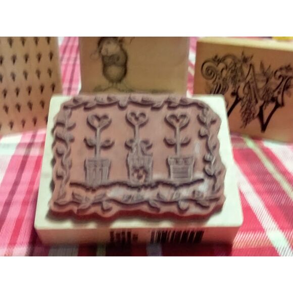 2002 PSX Wood Rubber Stamp G-3369 Hearts Flower Pots Floral Vines Vintage - Picture 2 of 4